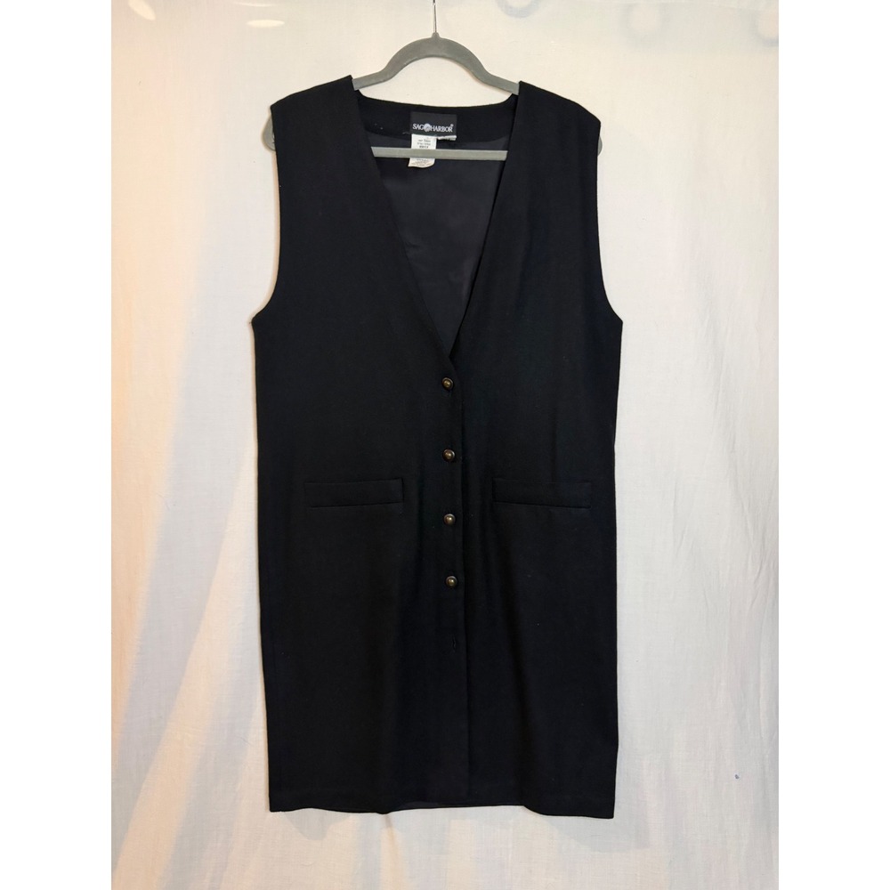 Sag Harbor Womens Wool Longline Vest Black V-Neck Button Front Pockets L 10567CR